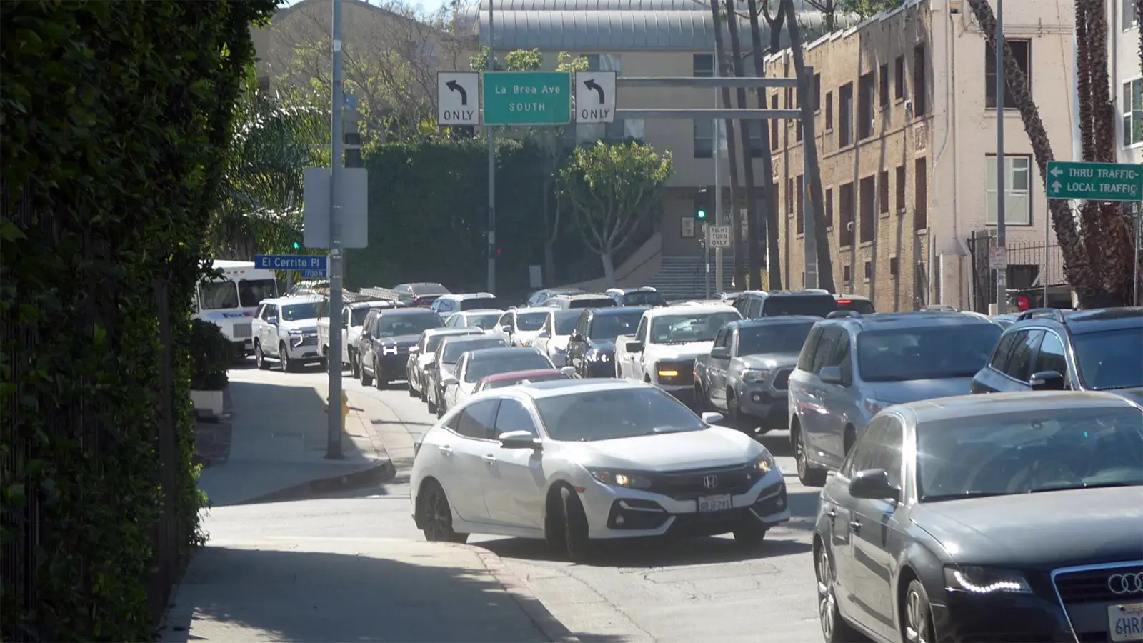 A photo of traffic and smog in Los Angeles, California.