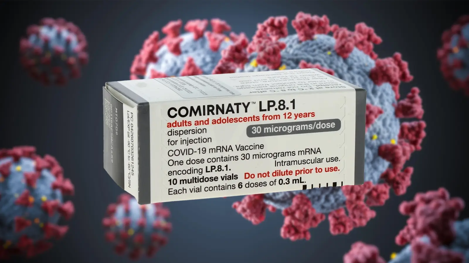 A photo of a box of Comirnaty LP.8.1 over a computer rendering of COVID virus particles.