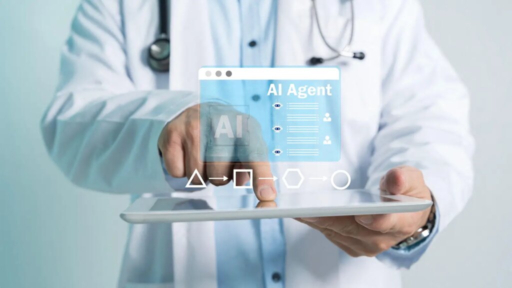 A photo of a male physician holding a tablet with AI Agent graphics floating above it.