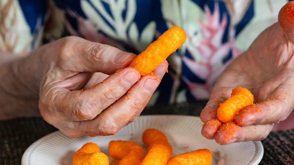 Brain Risks Tied to High Ultraprocessed Food Intake A photo of a senior man eating cheese doodles.