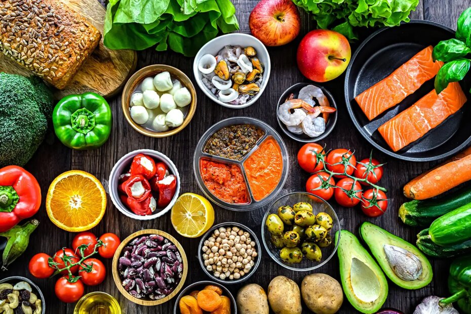 A photo of foods associated with the Mediterranean diet.
