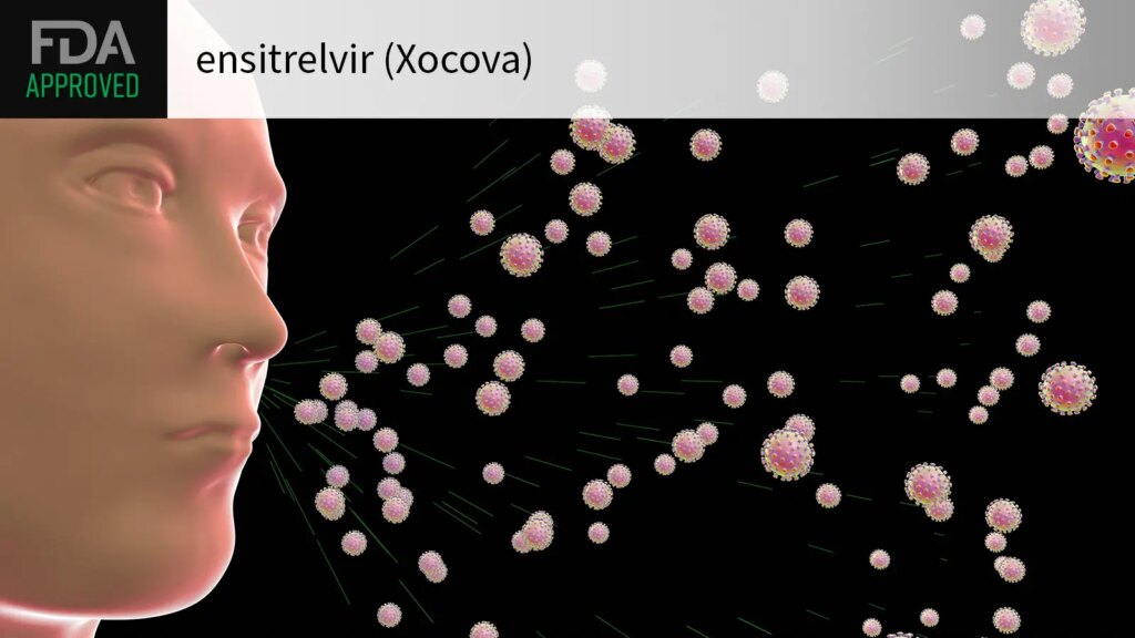 FDA Approves Oral Antiviral to Prevent COVID-19 After Exposure FDA APPROVED ensitrelvir (Xocova) over a computer rendering of a human spreading COVID viruses through their breath.