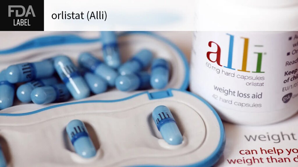 FDA LABEL orlistat (Alli) over a photo of the product.
