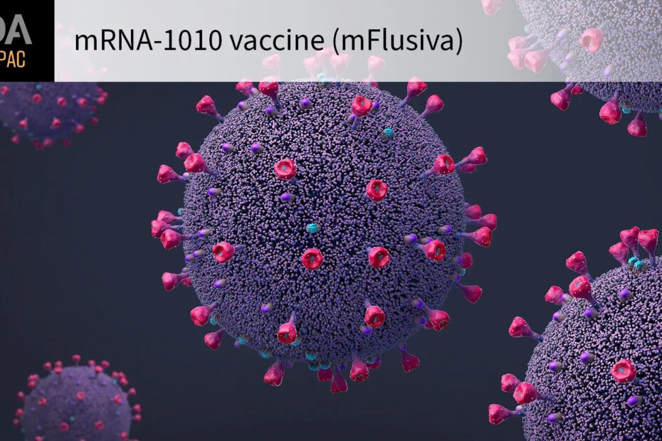 FDA VRBPAC mRNA-1010 vaccine (mFlusiva) over a computer rendering of influenza viruses.