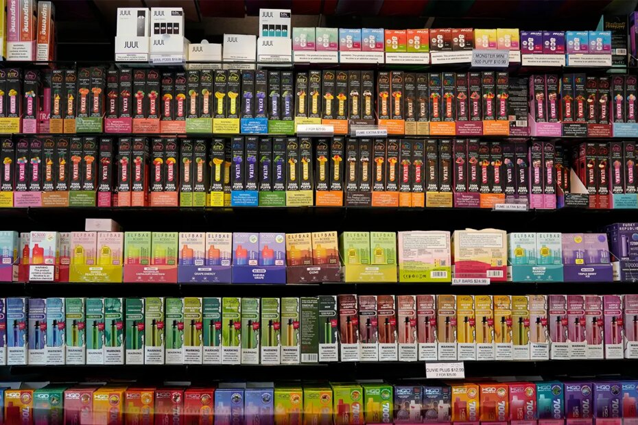 A photo of disposable flavored electronic cigarette devices for sale at a store in Pinecrest, Florida.