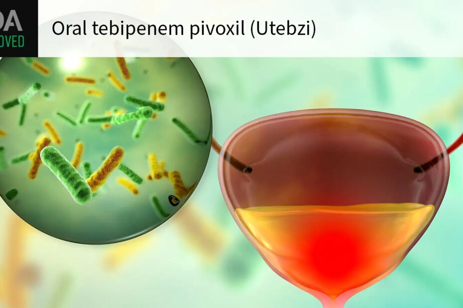 FDA APPROVED Oral tebipenem pivoxil (Utebzi) over a computer rendering of a urinary tract infection.