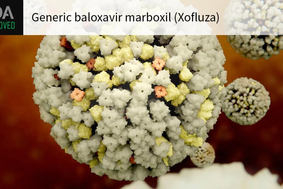 FDA APPROVED Generic baloxavir marboxil (Xofluza) over a computer rendering of influenza viruses.
