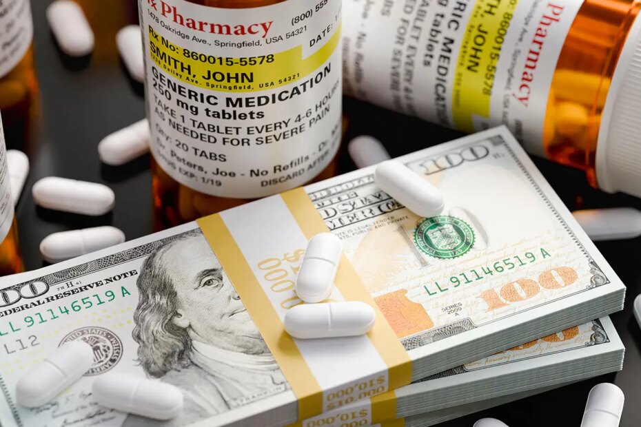 A photo of three stacks of $100 bills surrounded by prescription medication bottles and loose pills.