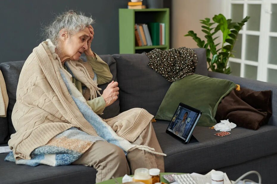 A photo of a disheveled looking senior woman on a couch during a telehealth visit with a male physician via a laptop.
