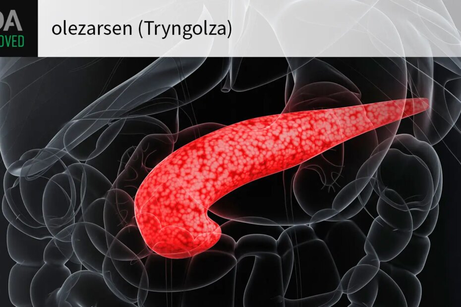FDA APPROVED olezarsen (Tryngolza) over a computer rendering of an inflamed pancreas.