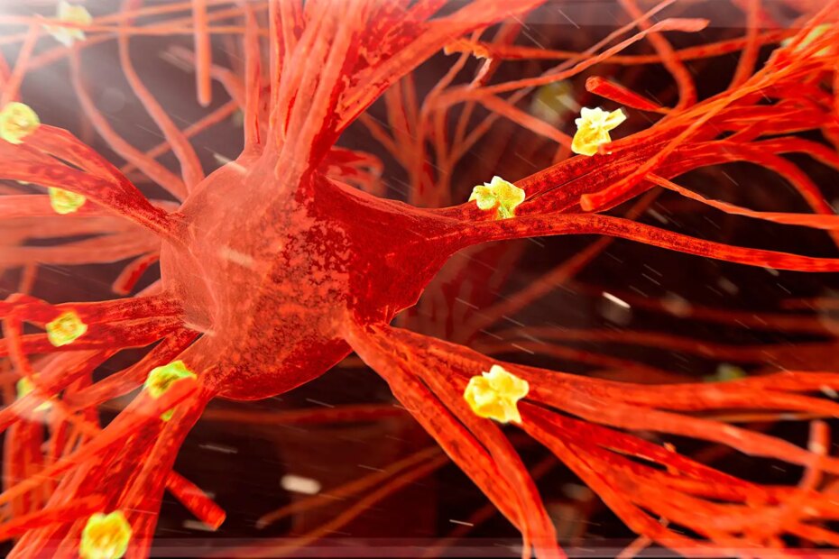 A computer rendering of amyloid plaques forming between neurons.