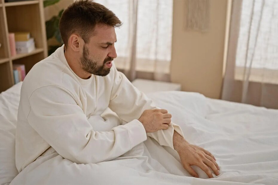 A photo of a man in bed itching his arm.