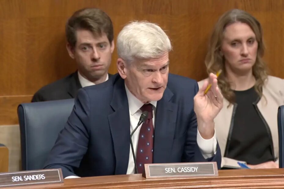 A screenshot of Sen. Bill Cassidy, MD (R-La.), speaking during this hearing.