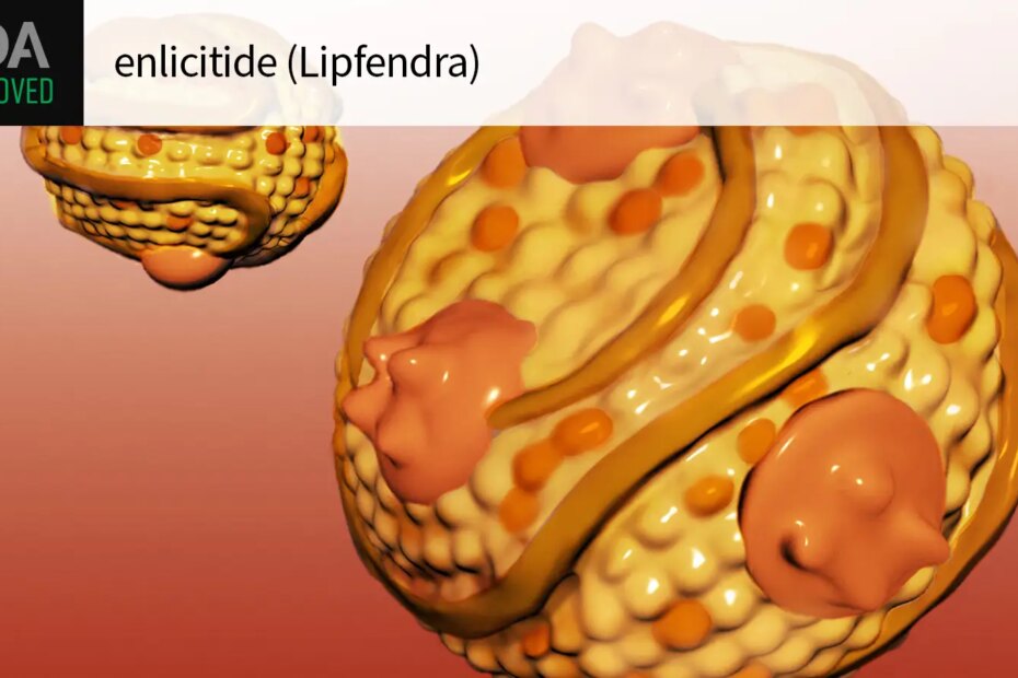 FDA APPROVED enlicitide (Lipfendra) over a computer rendering of low-density lipoprotein particles.
