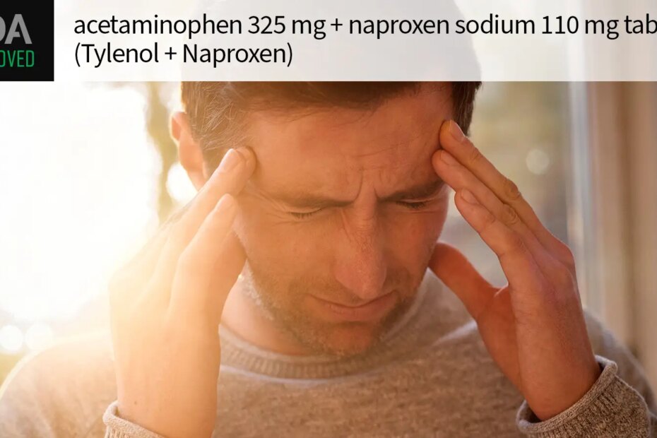 FDA APPROVED acetaminophen 325 mg + naproxen sodium 110 mg tablets (Tylenol + Naproxen) over a man with a headache.