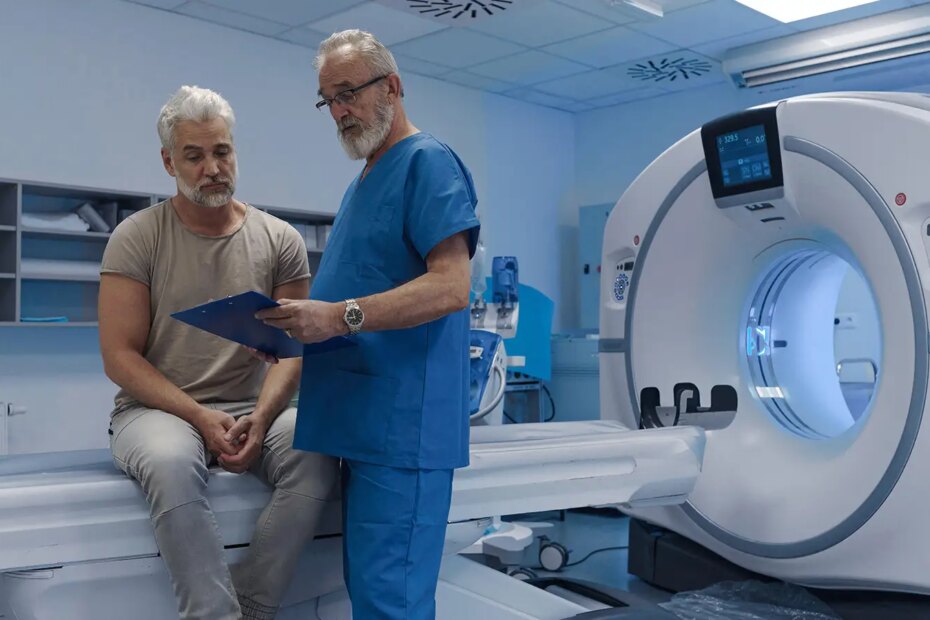 A photo of a mature male radiologist speaking to his mature patient who is sitting on the bed of a CT scanner.