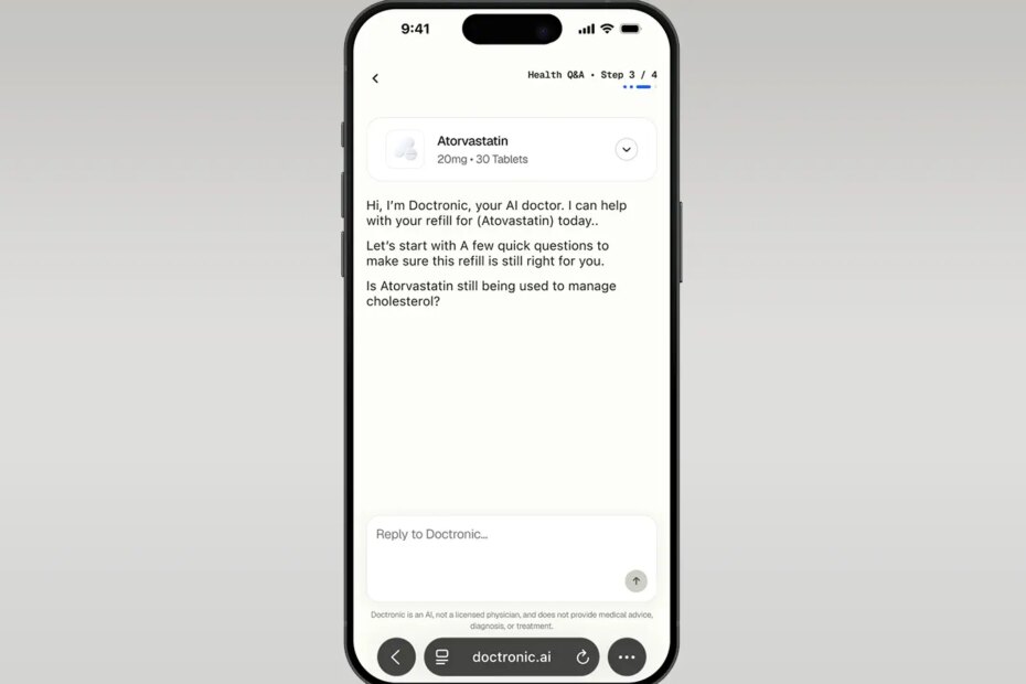 A photo of the Doctronic AI chatbot on a smartphone.