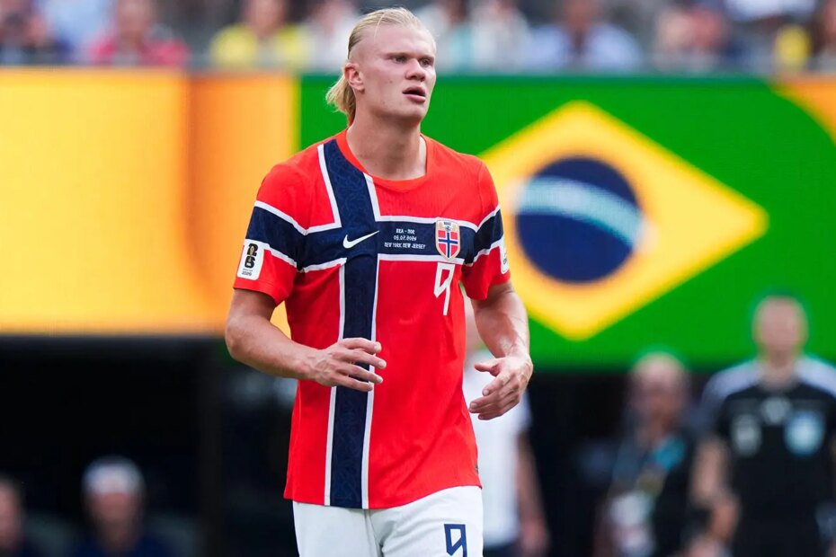 A photo of Erling Haaland in the 2026 World Cup game against Brazil.