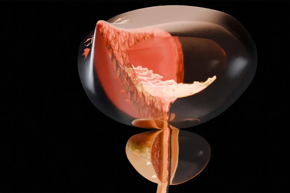 A computer rendered cross section of a bladder and prostate.