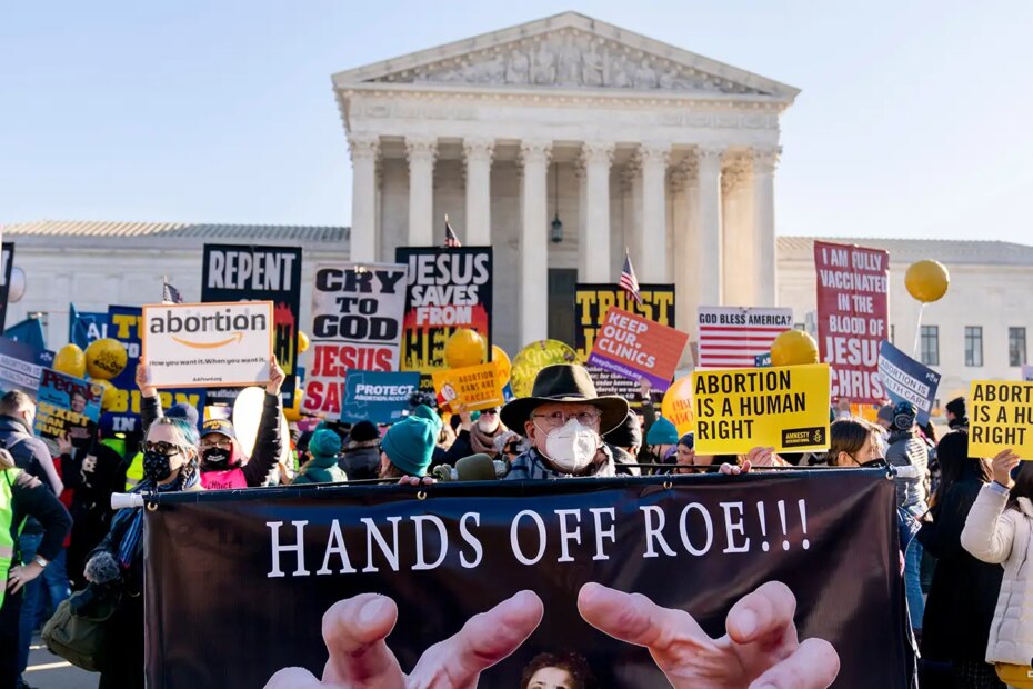A photo of protesters demonstrating in front of the U.S. Supreme Court in Washington DC.
