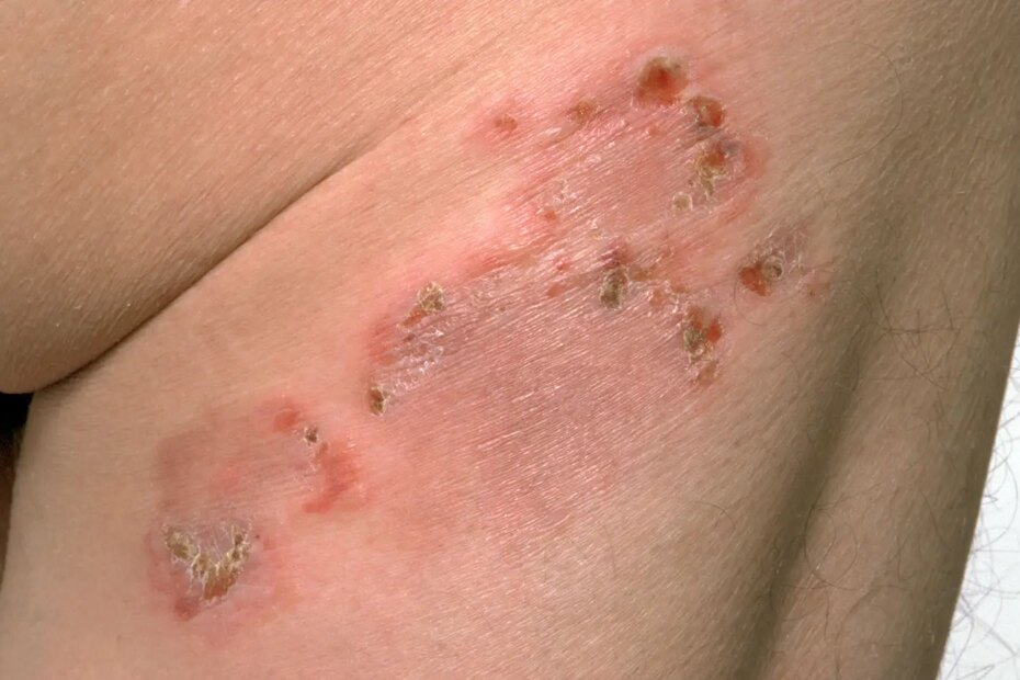 A photo of a bullous pemphigoid rash on a man’s leg.