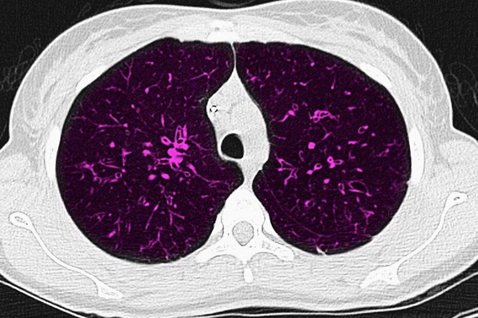 A CT scan of cystic fibrosis in the lungs of a 25 year old woman.