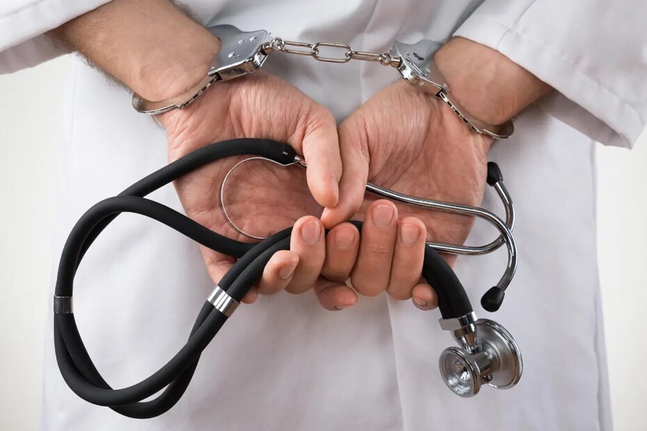 A photo of male physician holding a stethoscope with his hands cuffed behind his back.