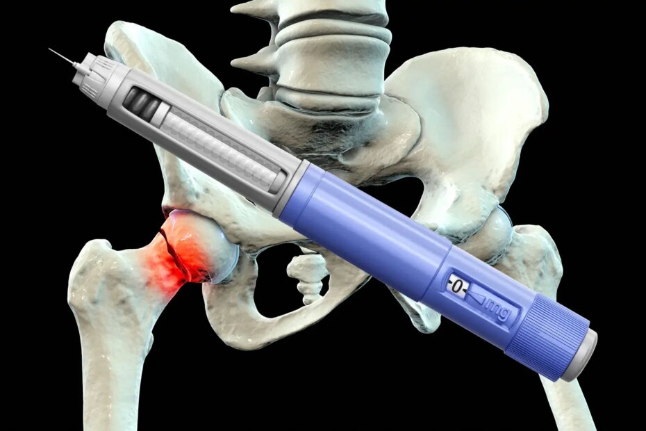 A computer rendering of an injection pen over a pelvis with a hip fracture.