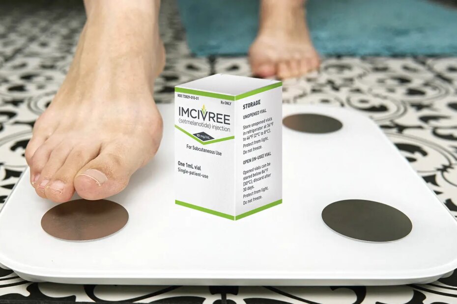 A photo of a box of Imcivree on a bathroom scale a man is stepping onto.