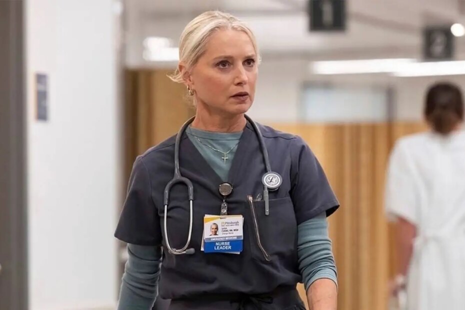 A screenshot of Katherine LaNasa in a scene from “The Pitt.”