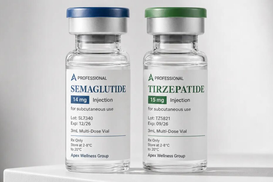 A photo of vials of compounded semaglutide and tirzepatide.