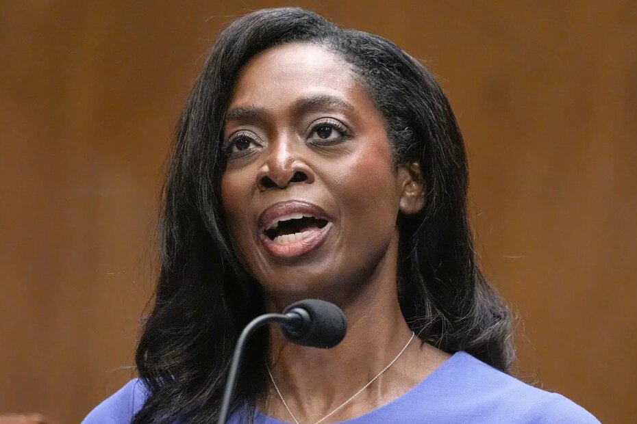 A photo of Erica Schwartz testifying during a Senate Health, Education, Labor, and Pensions Committee confirmation hearing.
