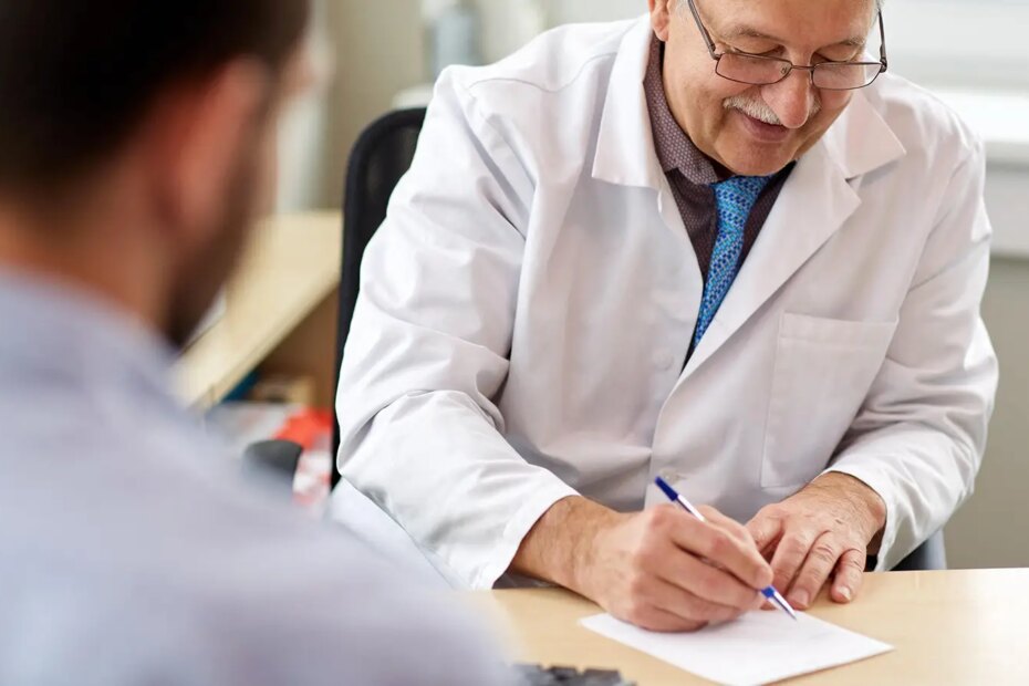 A photo of a senior male physician writing a prescription for his male patient.