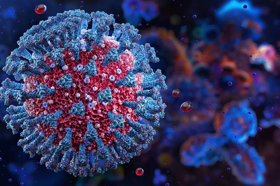 A computer rendering of a covid virus particle.