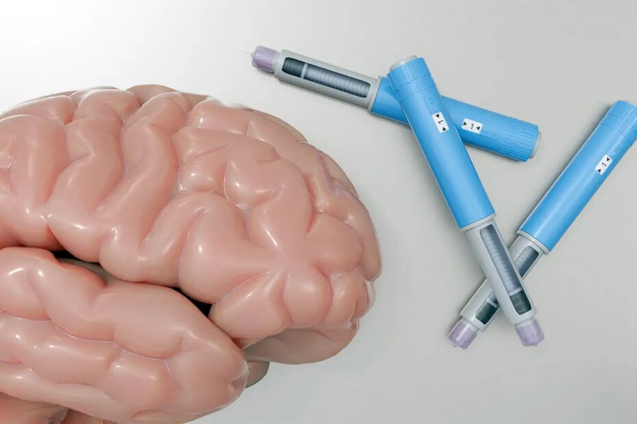 A computer rendering of a brain and three injection pens.