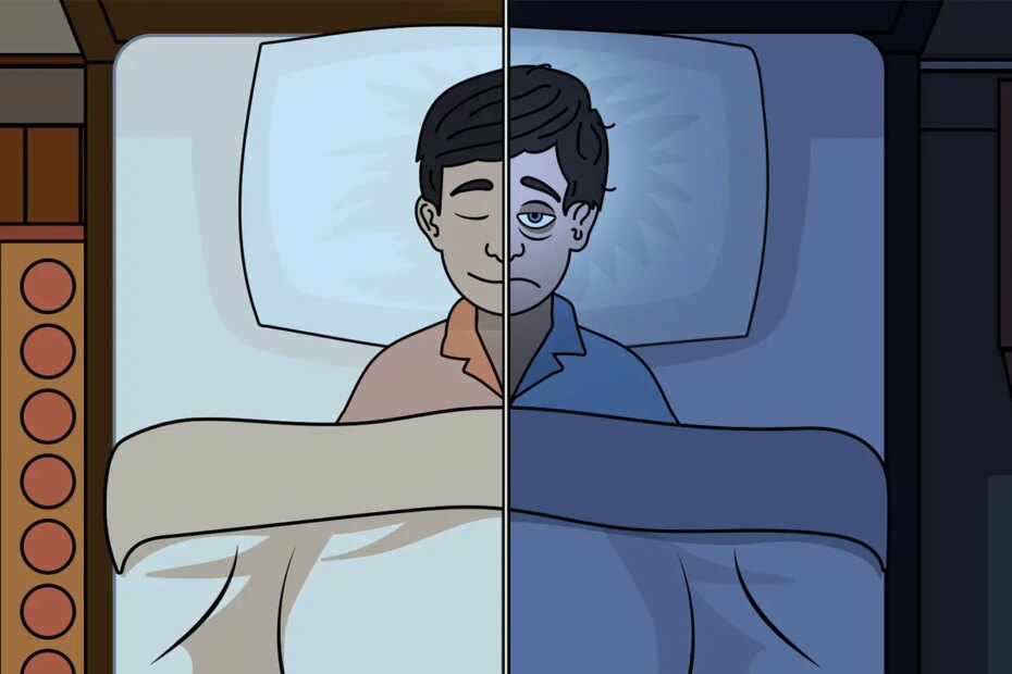 A cartoon illustration of a man half asleep and half awake.