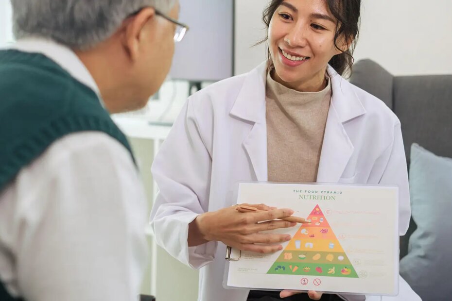 A photo of a female physician referring to a food pyramid while talking to her male patient.