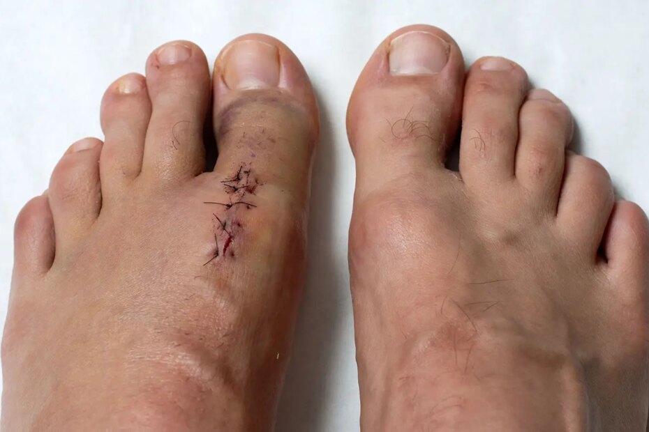 A photo of a man’s feet with a scar below the first metatarsophalangeal joint of the left foot.