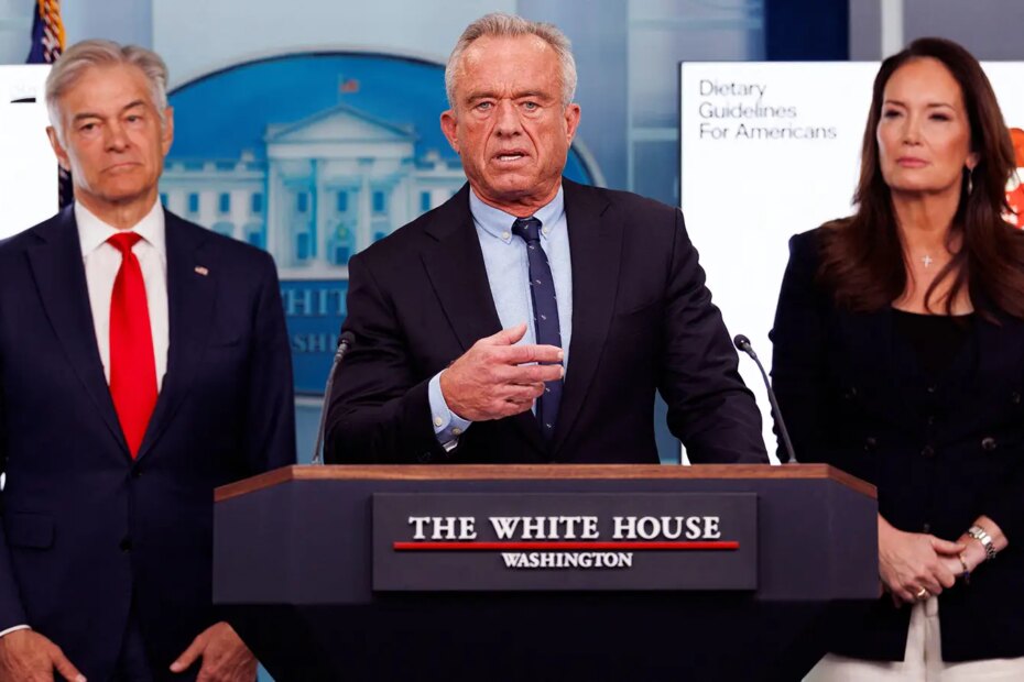 A photo of Robert F. Kennedy Jr. speaking about dietary guidelines at the White House.