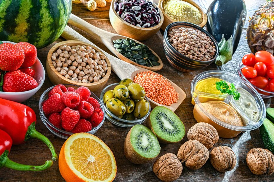 A photo of foods associated with the vegan diet.
