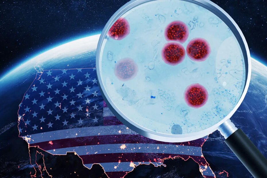 A computer rendering of a magnifying glass over Cyclospora parasites over a globe with the U.S. highlighted.
