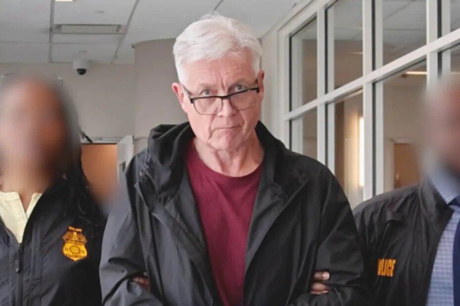 A photo of Poul Thorsen, MD, PhD, in custody of two officers from the HHS Office of Inspector General.