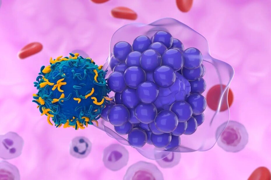 A computer rendering of a CAR-T cell attacking a Hodgkin lymphoma cell.